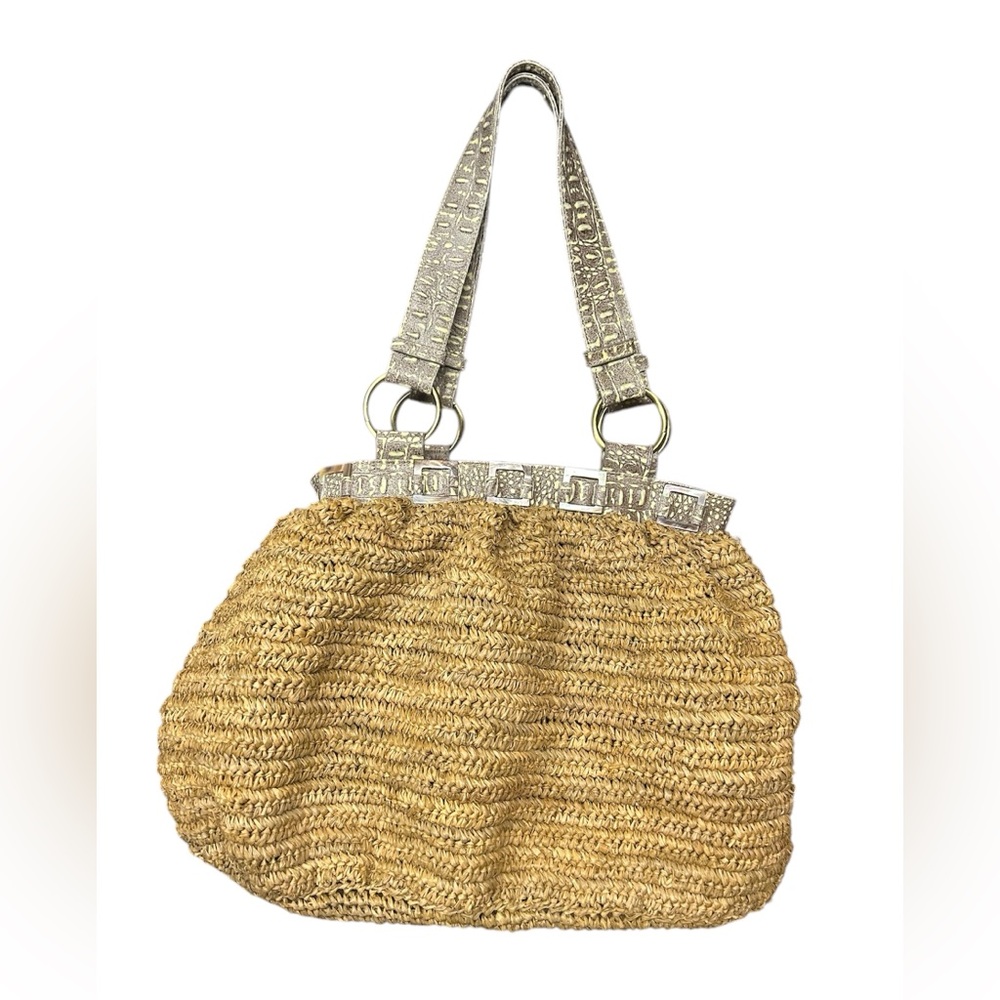 Flora Bella raffia straw crochet bag leather trim